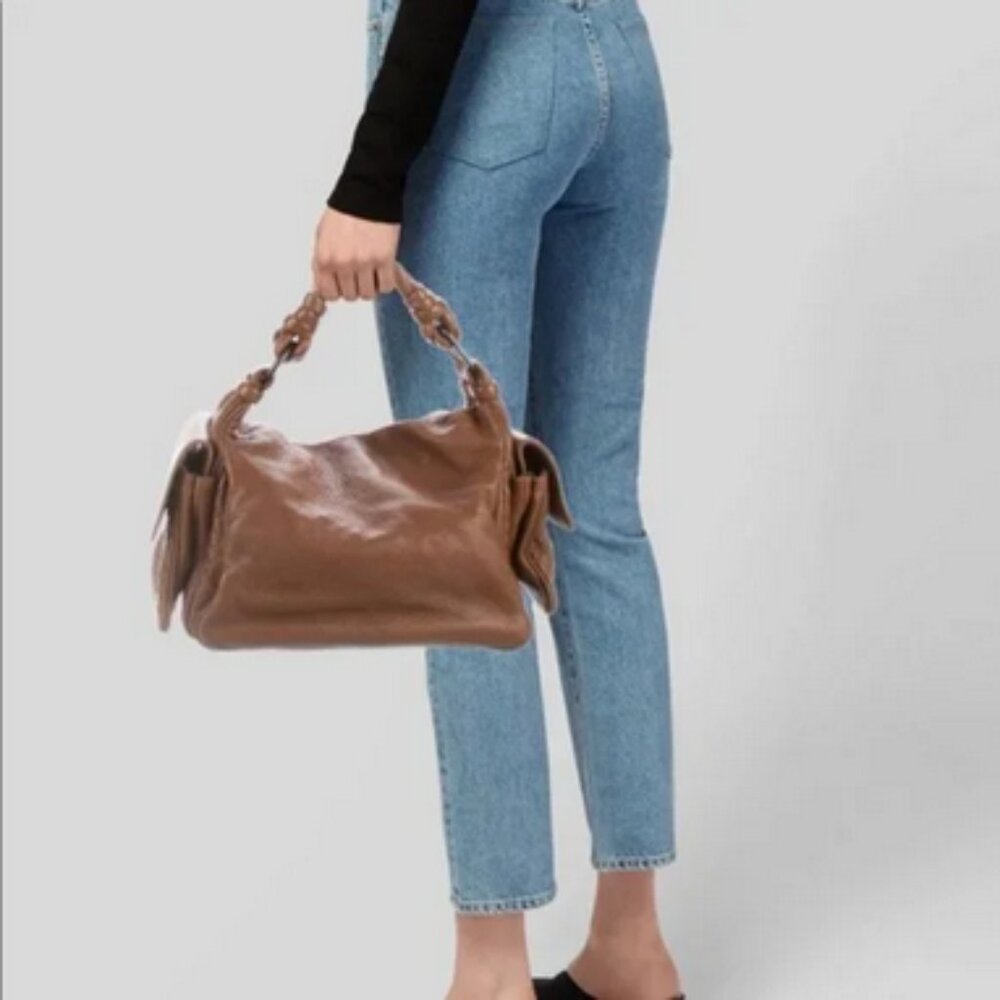 Authentic Bottega Veneta dark chocolate Intrecciato Cervo Cocker Satchel Hobo